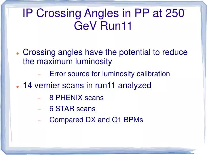 ip crossing angles in pp at 250 gev run11