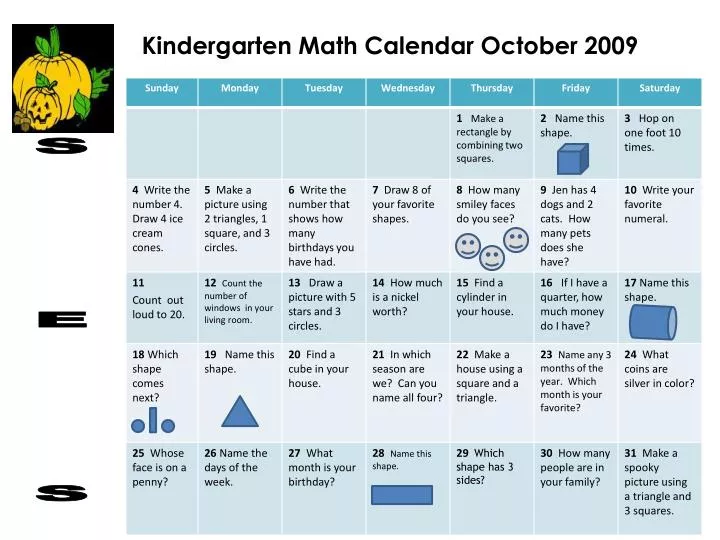 kindergarten math calendar october 2009
