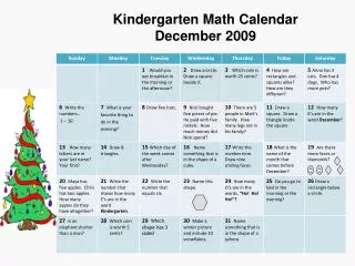 Kindergarten Math Calendar December 2009