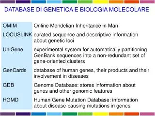 DATABASE DI GENETICA E BIOLOGIA MOLECOLARE OMIM		Online Mendelian Inheritance in Man