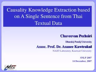 Causality Knowledge Extraction based on A Single Sentence from Thai Textual Data
