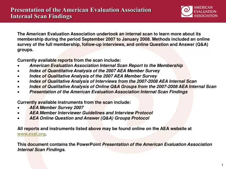 presentation of the american evaluation association internal scan findings