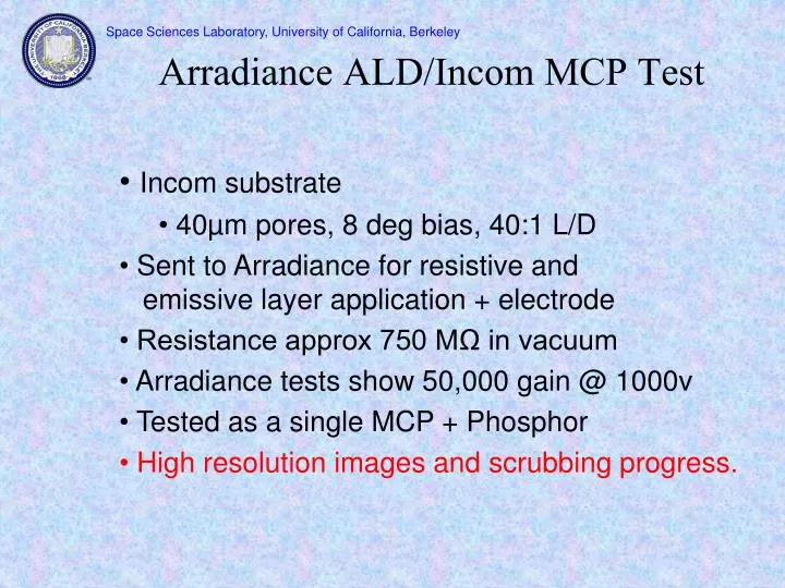 arradiance ald incom mcp test