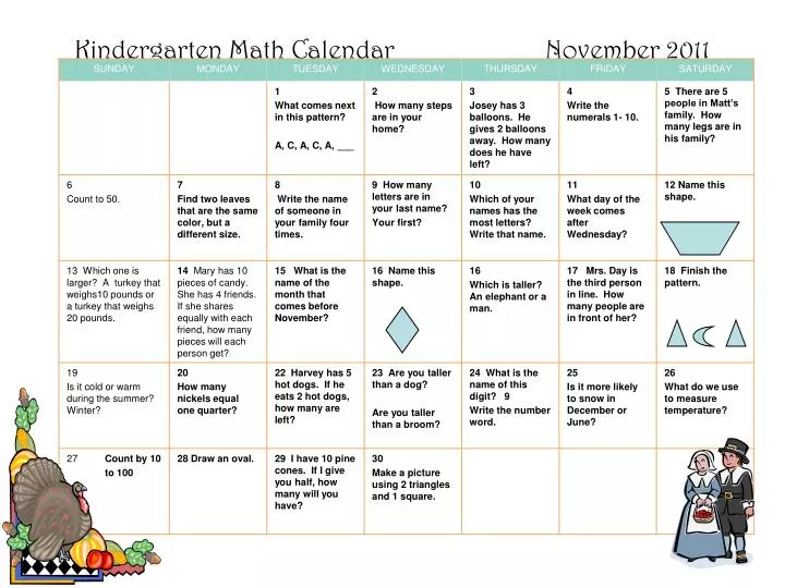 kindergarten math calendar november 2011