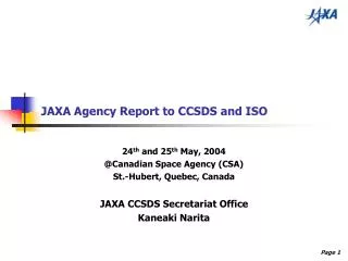 JAXA Agency Report to CCSDS and ISO