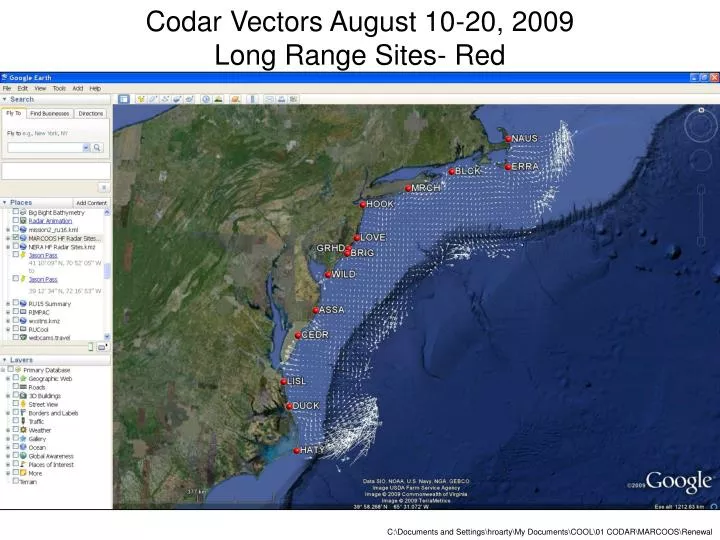 codar vectors august 10 20 2009 long range sites red