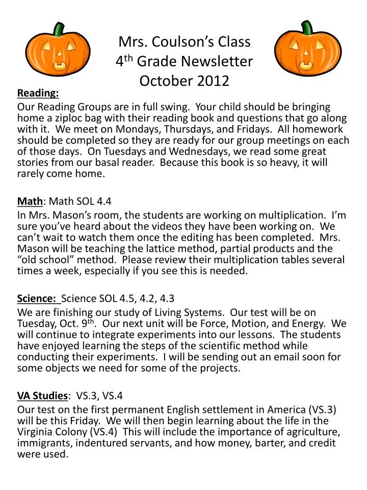 mrs coulson s class 4 th grade newsletter october 2012