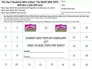 The Top 5 Students Who Collect The MOST BOX TOPS Will Win a $20 Gift Card