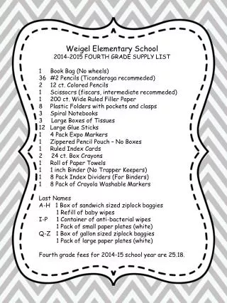 Weigel Elementary School 2014-2015 FOURTH GRADE SUPPLY LIST Book Bag (No wheels)