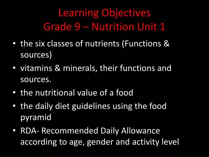 learning objectives grade 9 nutrition unit 1