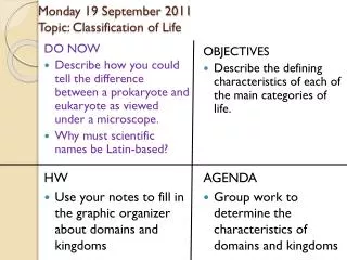 Monday 19 September 2011 Topic: Classification of Life