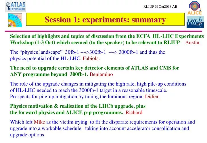 session 1 experiments summary