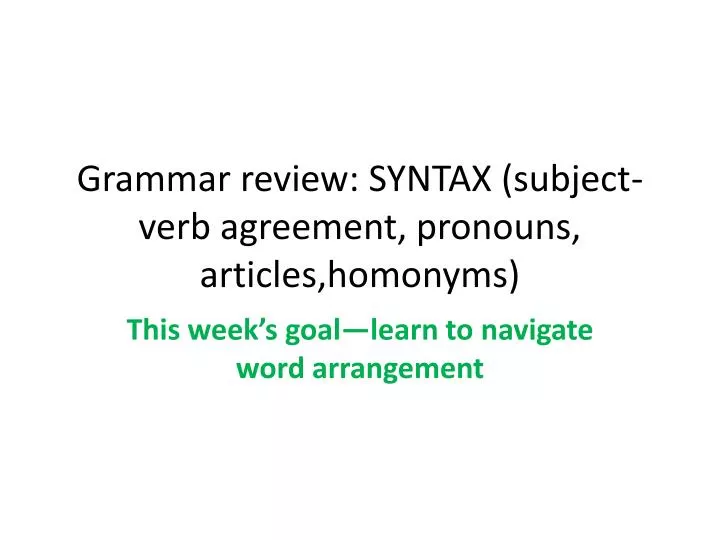 grammar review syntax subject verb agreement pronouns articles homonyms