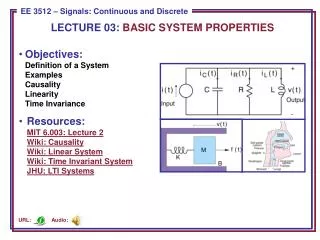 Objectives: Definition of a System Examples Causality Linearity Time Invariance