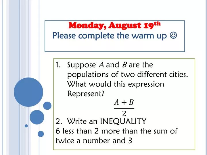 monday august 19 th please complete the warm up