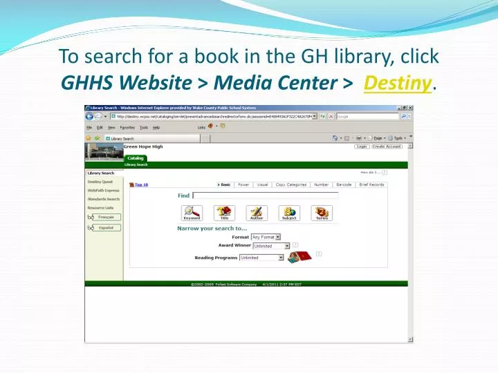 to search for a book in the gh library click ghhs website media center destiny