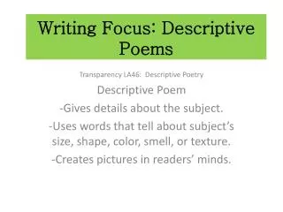 Writing Focus: Descriptive Poems