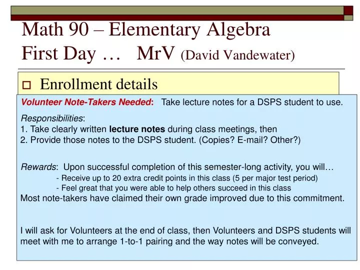 math 90 elementary algebra first day mrv david vandewater