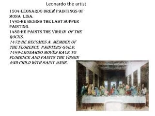 1504-leonardo drew paintings of mona lisa. 1495-He begins the last supper painting.