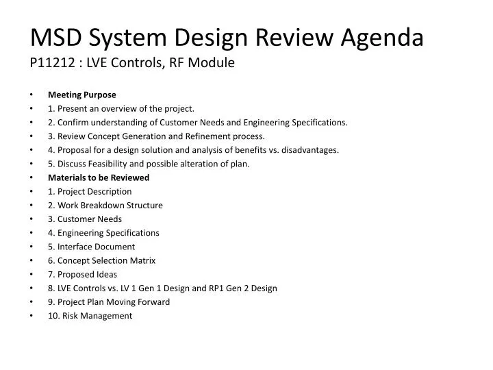 msd system design review agenda p11212 lve controls rf module