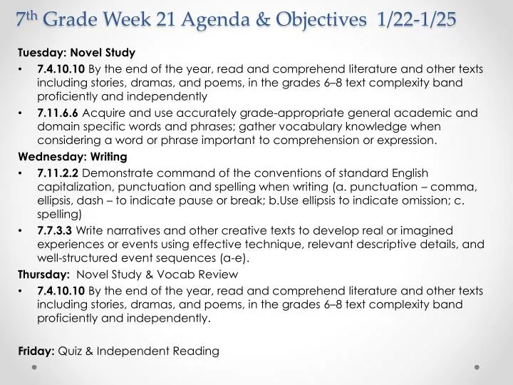 7 th grade week 21 agenda objectives 1 22 1 25