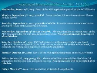 Academy of Science Admissions Timeline 2013-2014