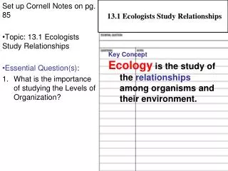 Set up Cornell Notes on pg. 85 Topic: 13.1 Ecologists Study Relationships Essential Question(s) :
