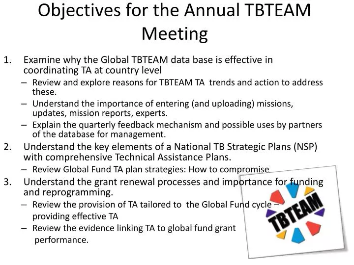 objectives for the annual tbteam meeting