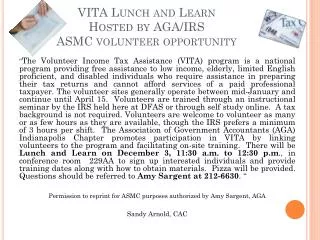 VITA Lunch and Learn Hosted by AGA/IRS ASMC volunteer opportunity