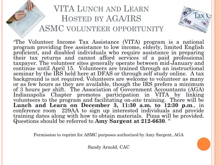 vita lunch and learn hosted by aga irs asmc volunteer opportunity