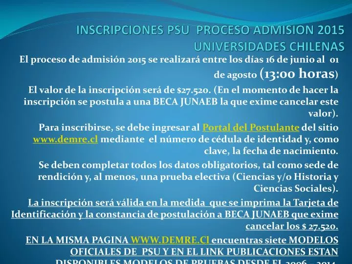 inscripciones psu proceso admision 2015 universidades chilenas