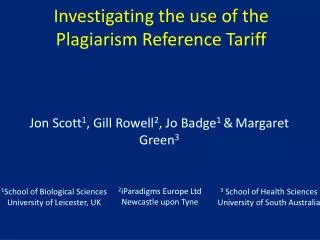 Investigating the use of the Plagiarism Reference Tariff