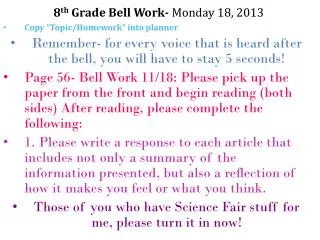 8 th Grade Bell Work- Monday 18, 2013