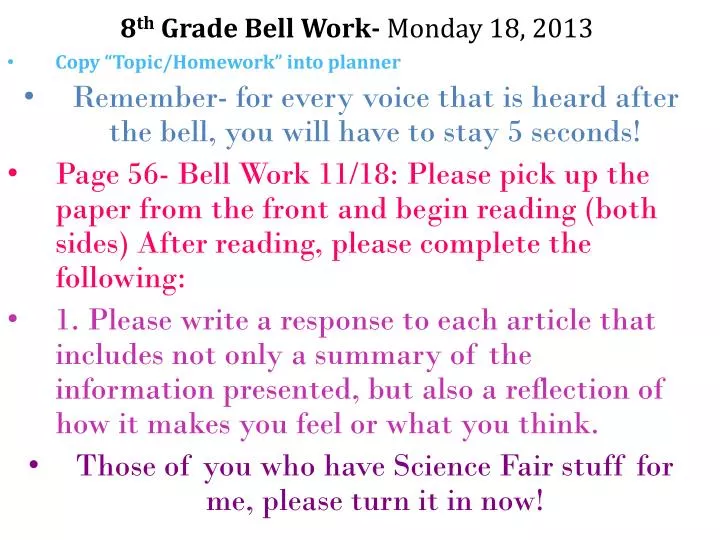 8 th grade bell work monday 18 2013