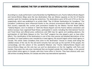 MEXICO AMONG THE TOP 14 WINTER DESTINATIONS FOR CANADIANS