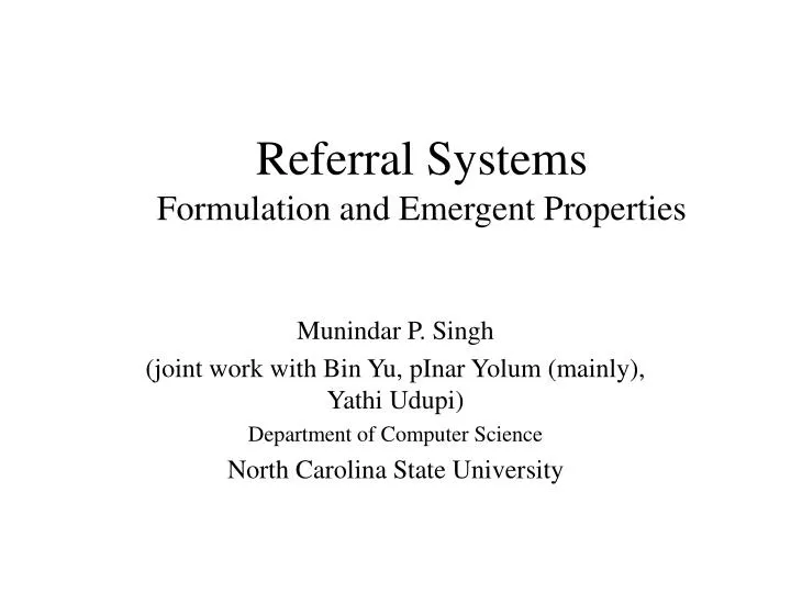 referral systems formulation and emergent properties
