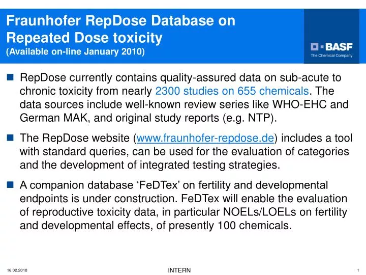 fraunhofer repdose database on repeated dose toxicity available on line january 2010