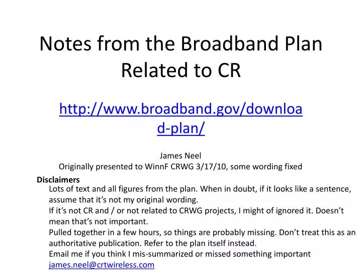 notes from the broadband plan related to cr