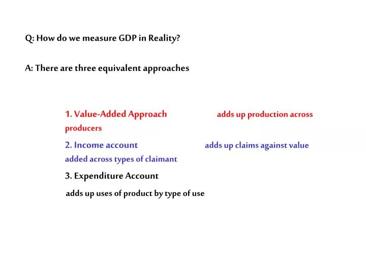 q how do we measure gdp in reality a there are three equivalent approaches