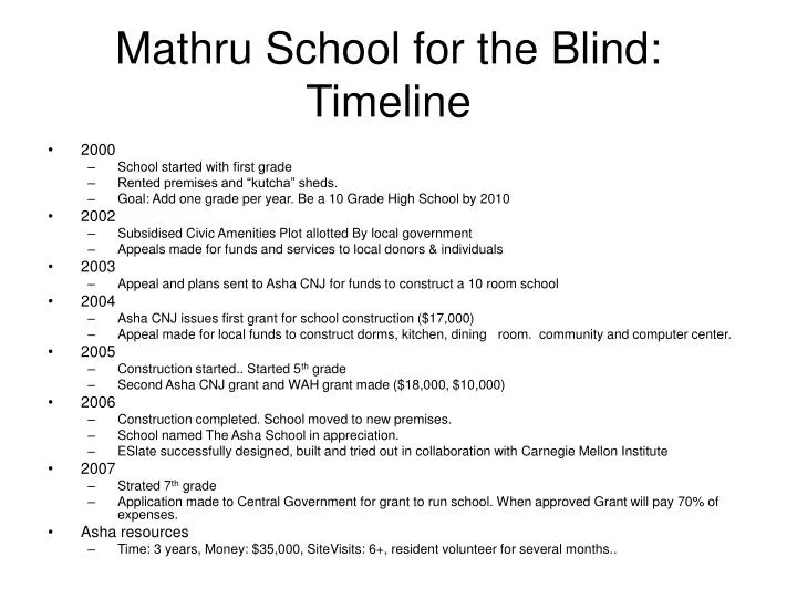 mathru school for the blind timeline