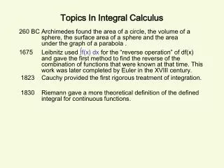 Topics In Integral Calculus