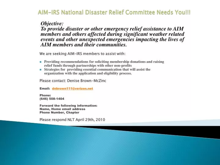 aim irs national disaster relief committee needs you