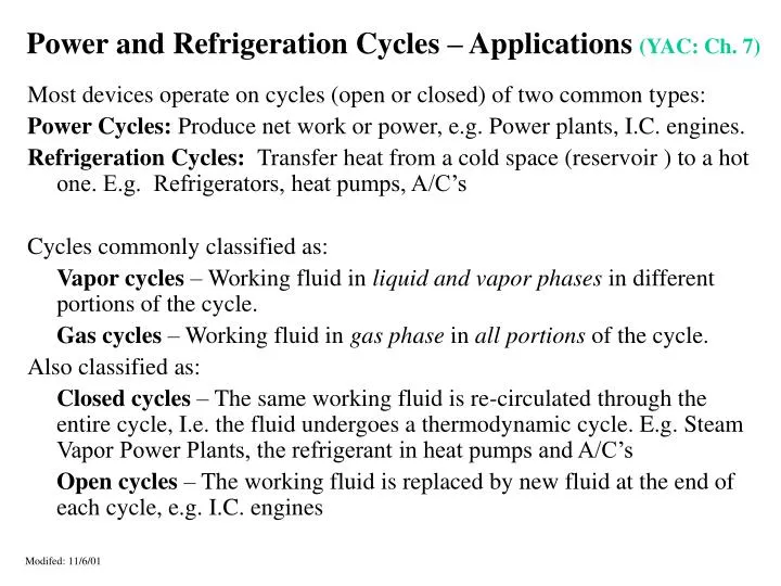 power and refrigeration cycles applications yac ch 7