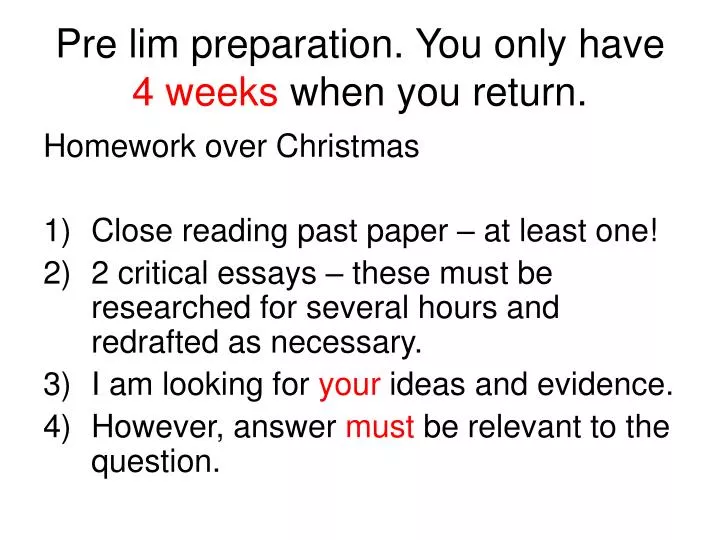 pre lim preparation you only have 4 weeks when you return
