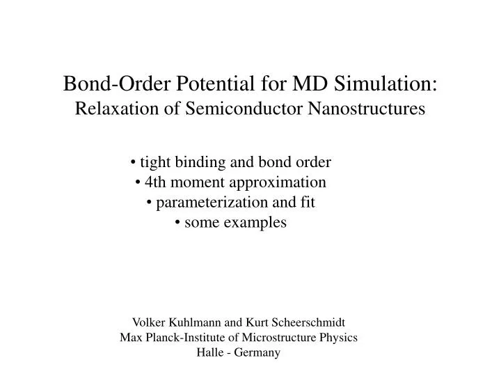 bond order potential for md simulation relaxation of semiconductor nanostructures