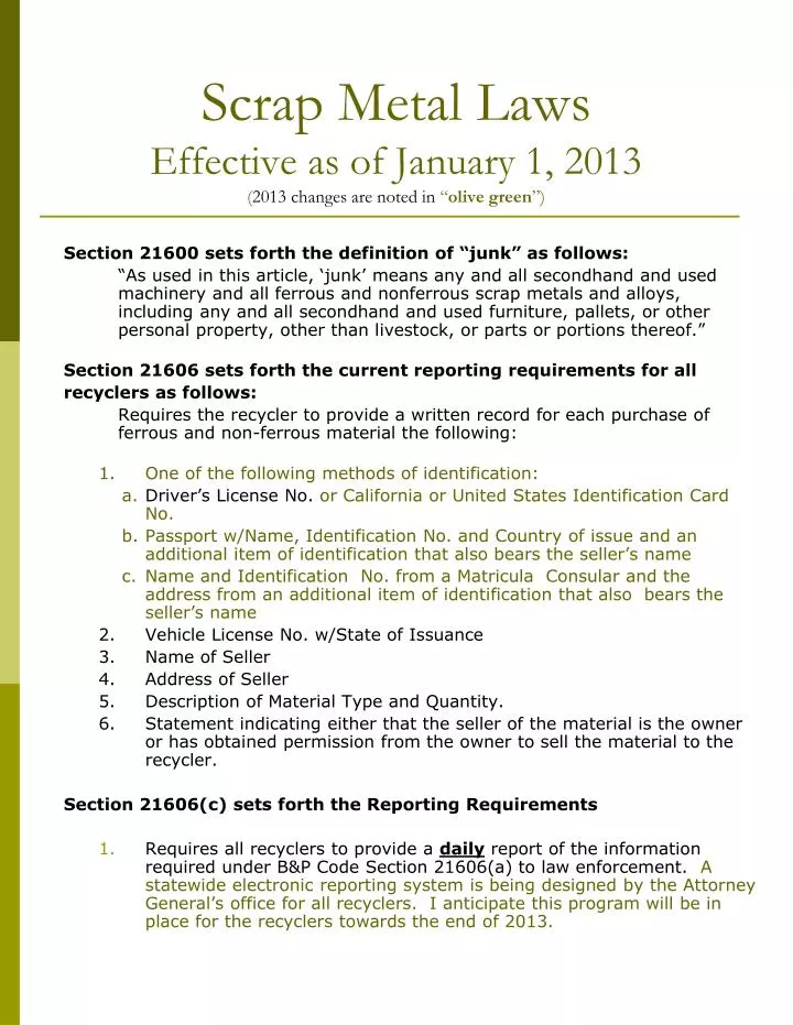 scrap metal laws effective as of january 1 2013 2013 changes are noted in olive green