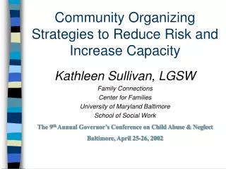 Community Organizing Strategies to Reduce Risk and Increase Capacity