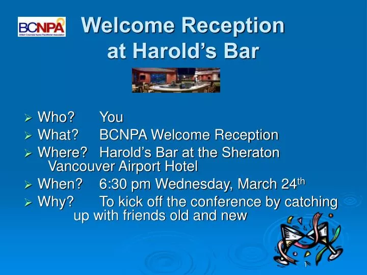 welcome reception at harold s bar
