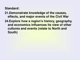 Standard: 21.Demonstrate knowledge of the causes, effects, and major events of the Civil War