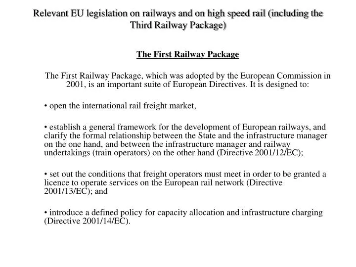 relevant eu legislation on railways and on high speed rail including the third railway package